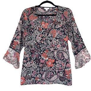 J Jill Shirt Womens S Paisley Dark Floral‎ Cottagecore Feminine Bell Sleeves